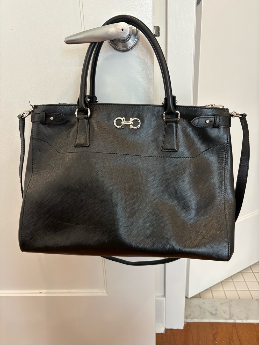 Salvatore Ferragamo Batik Leather Satchel with Silver Double Gancini Accent